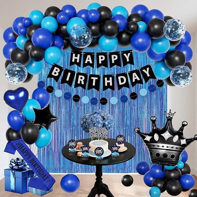Black And Blue Birthday Decorations for Men,Fringe Curtains Happy Birthday Banner,Red balloons,Cake Toppers for Boys