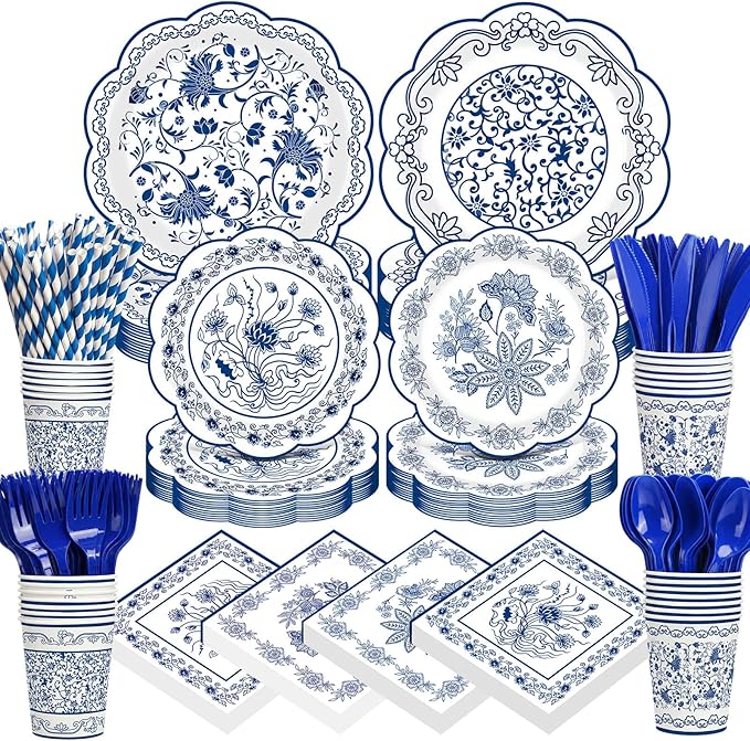 450 Pcs Blue Floral Tableware Set Decorations Blue White Chinoiserie Floral Paper Plates Napkins Cups Cutlery Straws for Vintage Birthday Wedding Bridal Shower Tea Party Supplies, Serves 50