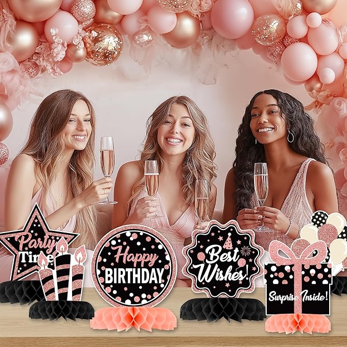 12 Pcs Birthday Table Decorations Glitter Rose Gold Black Birthday Decorations Honeycomb Centerpieces for Table Decor Girls Boys Women Men Party Supplies
