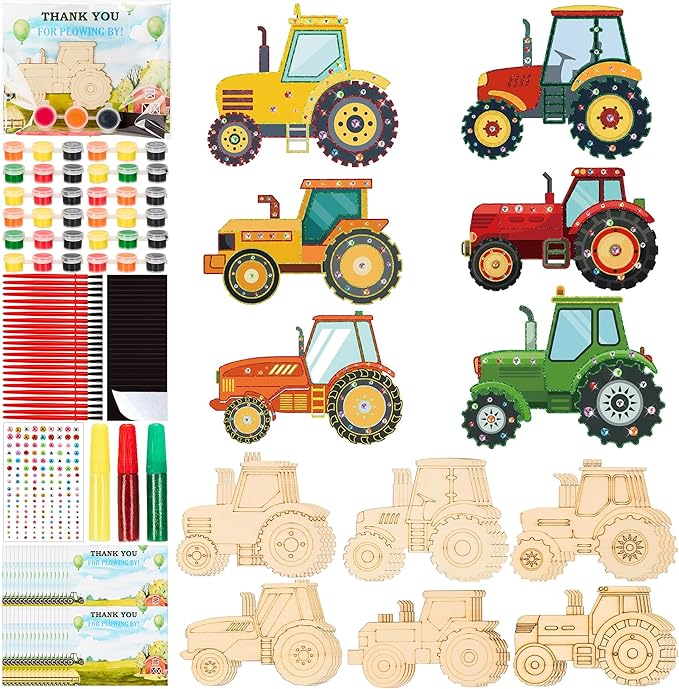 Bafeil 24 Sets Tractor Party Favors, DIY Wooden Painting Crafts Kit with Magnets, Tractor Birthday Party Supplies, Farm Theme Party Decorations Goodie Bags Gifts Stuffers Prizes