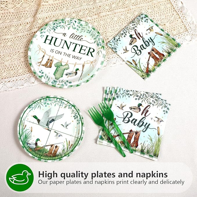 Grencian 96psc Mallard Duck Baby Shower Party Supplies A Little Hunter is on the Way Plates and Napkins Tableware Sets Hunting Party Decoration for Kids Birthday Baby Shower Serves 24