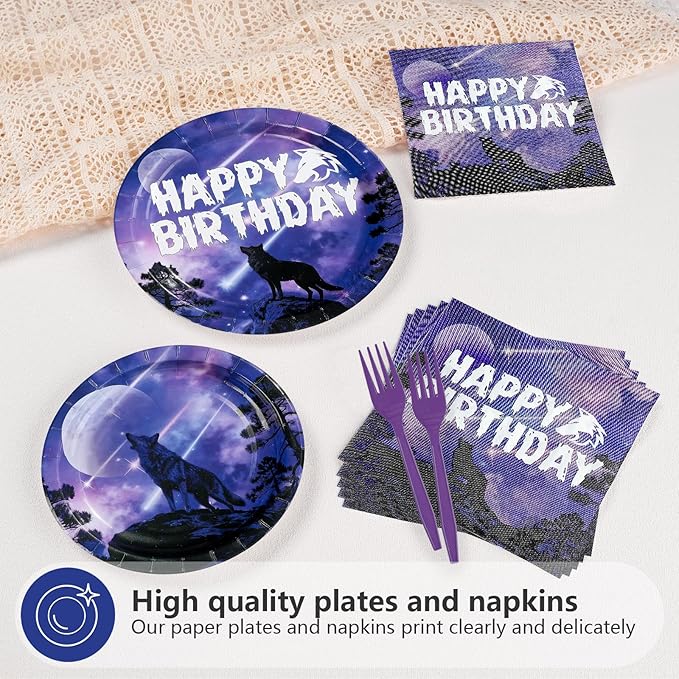 96Pcs Wolf Birthday Party Supplies Galaxy Wolf Plates and Napkins Black Purple Galaxy Disposable Paper Tableware Set for Animal Theme Birthday Outdoor Holiday Party Supplies Serves 24
