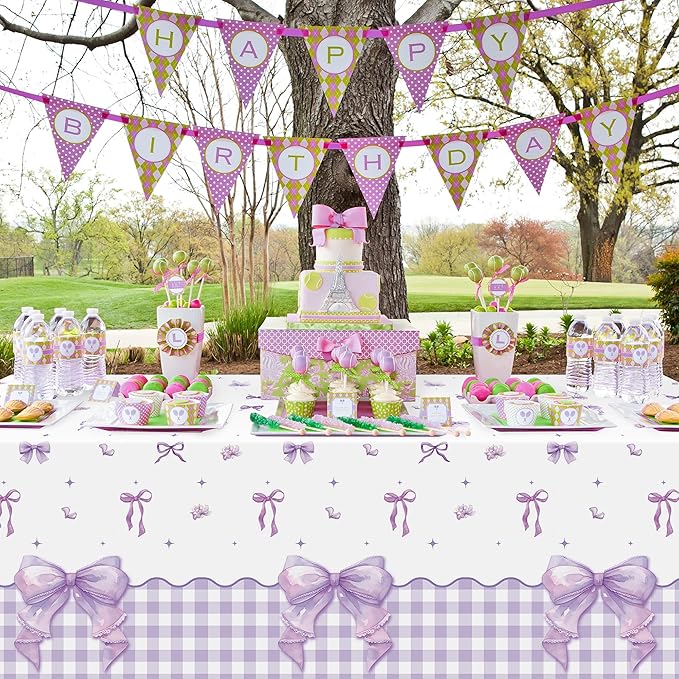 3Pcs Purple Bow Party Tablecloths - Purple Bow Knot Party Table Covers Decorations Rectangular Plastic Disposable Table Cloth Decor for Kids Girls Women Birthday Baby Shower Supplies