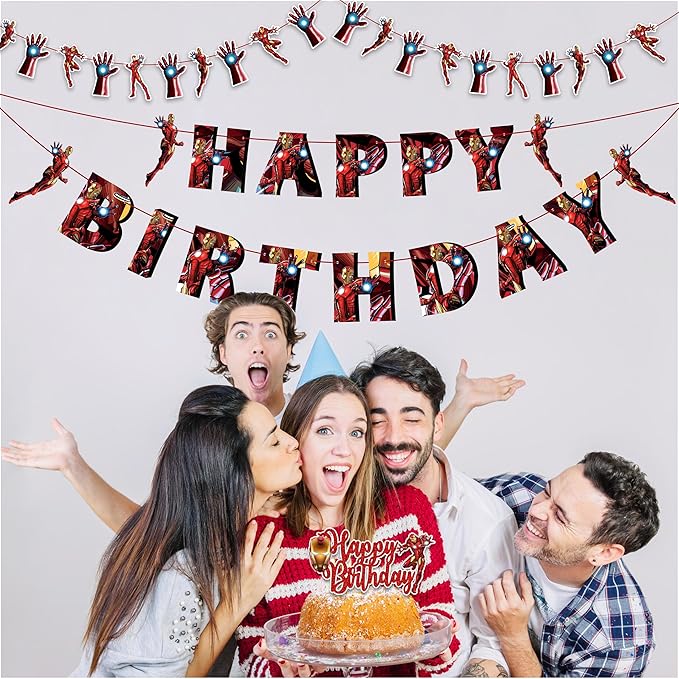 "Irn Man Theme Birthday Party Supplies – Superhero Party Decorations for Boys Girls – Includes Happy Birthday Banner, Cake Topper, Cupcake Picks, Garland, and Party Table Décor for Fans"
