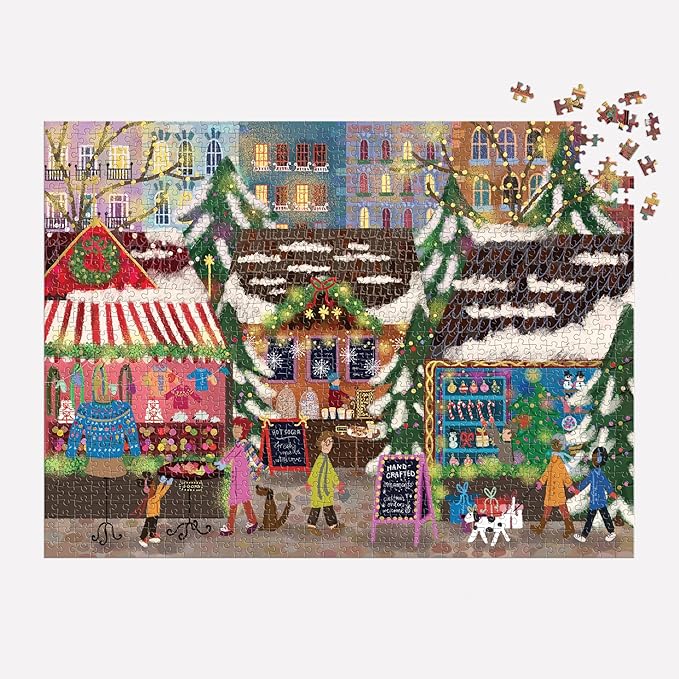 Galison Merry Market – 1000 Piece Foil Joy Laforme Jigsaw Puzzle Featuring Merry and Festive Outdoor Market for The Holidays with Gold Foil Accents