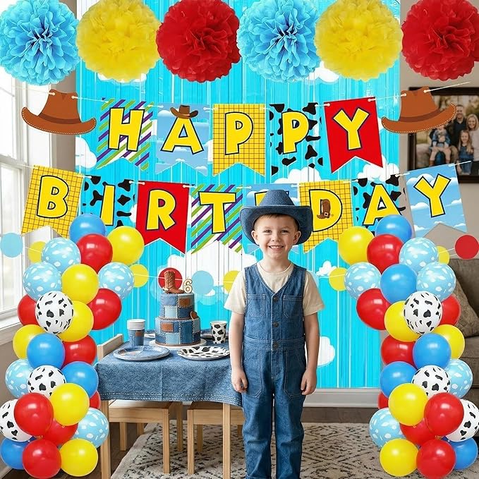 Cartoon Story Birthday Party Supplies Decorations, Include Banner, Balloons, Foil Fringe Curtains, Paper Garland Pull Flower, Tissue Paper Pom Poms