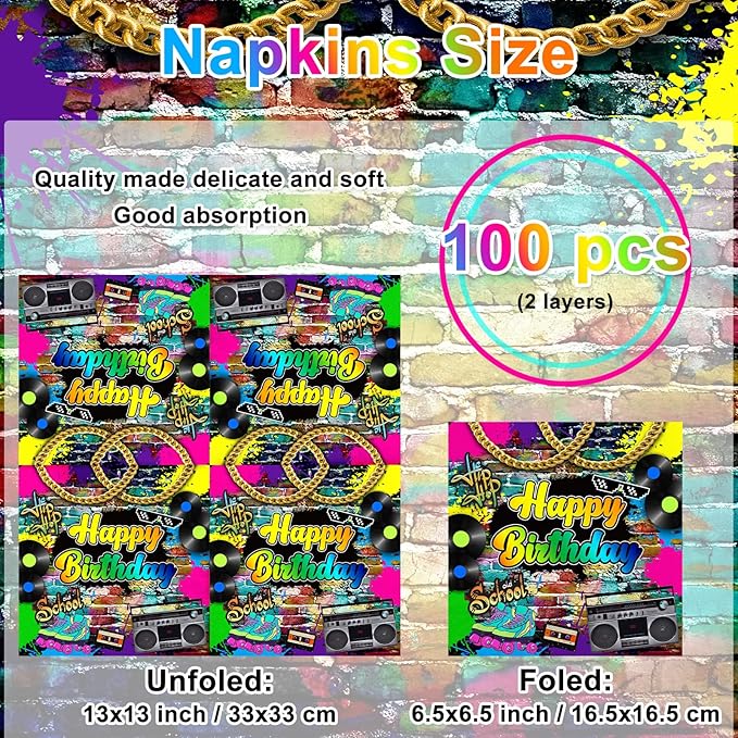 Avezano 100 Pcs 80’s Party Npkins 6.5 x 6.5" 80s Birthday Hip Hop Birthday Party Decorations Supplies Retro 80s Theme Party Paper Napkins