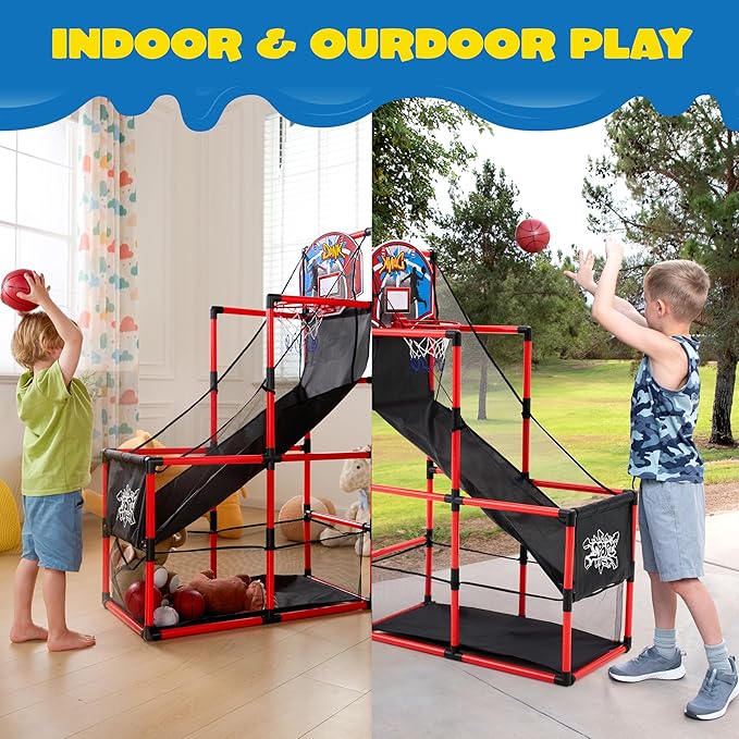 JOYIN Red Arcade Basketball Game Set, Indoor Basketball Hoop for Kids 3 to 12 Years Old, Easy Set Up Sports Toy with 4 Balls, Gifts for Boys and Girls