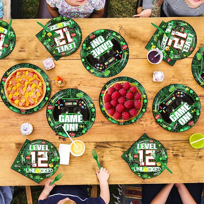 Grencian 96Pcs 12th Green Game Party Supplies Video Birthday Paper Plates and Napkins Tableware Sets Level Unlocked Game Themed Decorations for Kids Gaming Boys 12 Year Old Party Favors Serves 24