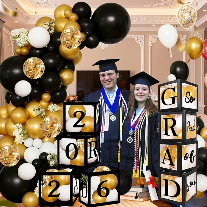 Graduation Decorations Class of 2026 Black and Gold - 4 Balloon Boxes with Letters 2026 GRAD So Proud of You, 100pcs Balloon Arch Garland Kit, High School College Grad Party Supplies Photo Prop