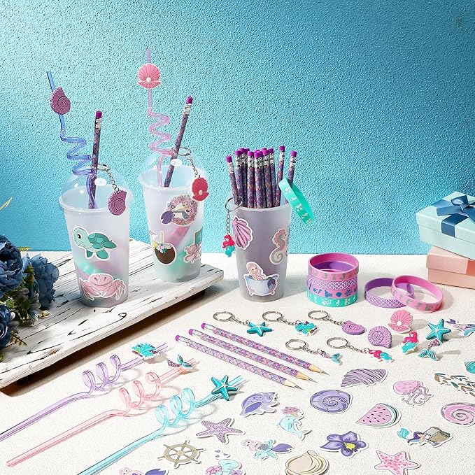 194 Pcs Valentine Gift Mermaid Party Favors Goody Cup Fillers, Mermaid Birthday Party Decorations Straws Keychains Pencils Bracelets for Goodie Bag Stuffer, Classroom Rewards, Piñata Supplies