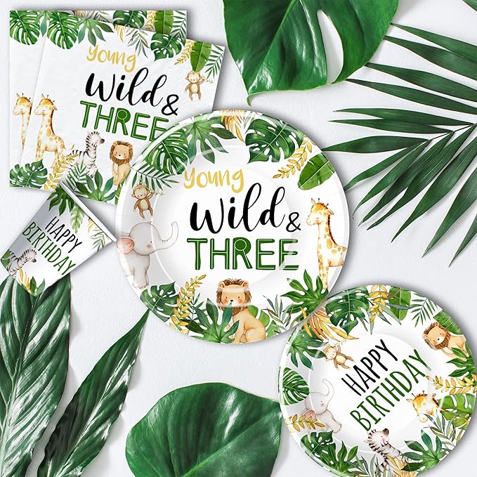 Jungle Animal 3rd Birthday Party Supplies - Young Wild And Three Decorations Tableware, Paper Plate, Napkin, Tablecloth, Fork, Safari 3-Year-Old Birthday Decorations Dinnerware | Serves 24