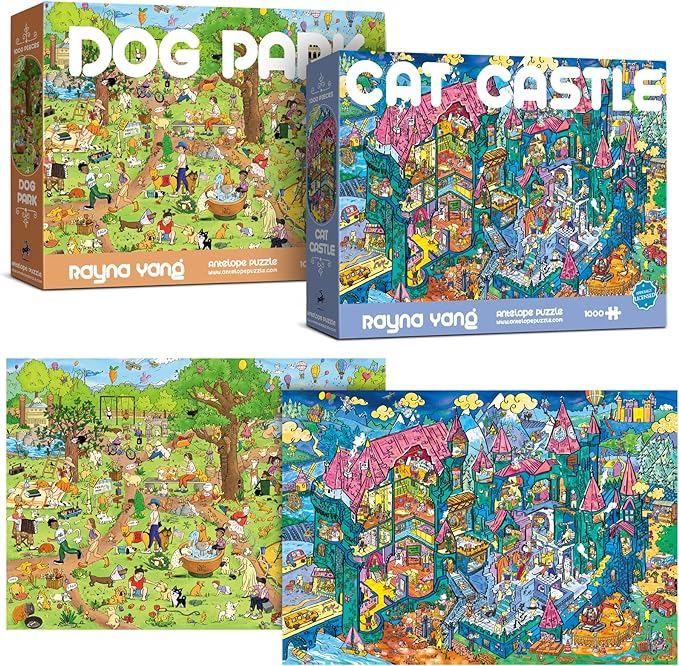 Antelope 2 in 1 1000 Piece Puzzle Bundle - Dog Park - 1000 Piece Jigsaw Puzzle Bundle with Cat Castle - 1000 Piece Jigsaw Puzzle