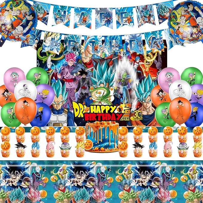 42PCS Dragon Ball Birthday Party Supplies: Banner, Cake Topper, Tablecloth, Backdrop, Cupcake Toppers, Balloons, Aluminum Balloons