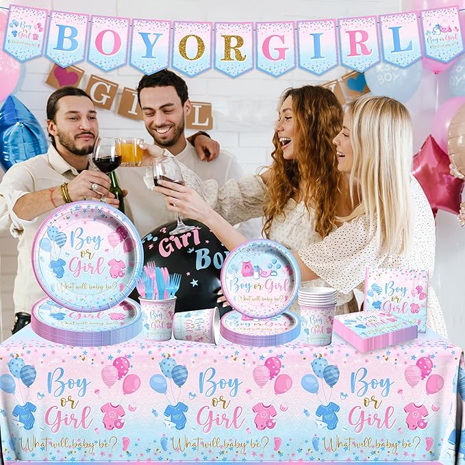 Gender Reveal Tableware 142Pcs-Gender Reveal Decorations Blue and Pink Star Baby Gender Reveal Boy or Girl Party Banner,Tablecloth,Plates,Napkins Cups Forks and Knives Supplies of Reveal Party