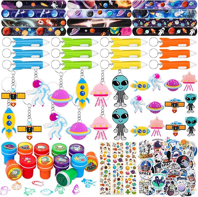 Space Party Favors for Kids Outer Space Themed Birthday Party Supplies, Party Favors Space Toys Included Mini Toys, Slap Bracelet, Sticker, Necklace,Keychains
