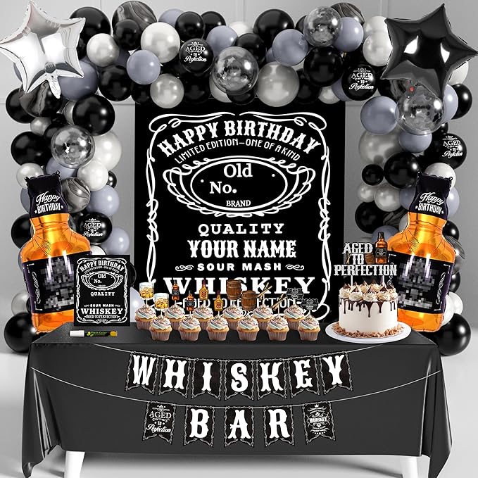 Whiskey Birthday Decorations for Men Aged to Perfection Birthday Party Supplies with Backdrop Tablecloth Whiskey Bar Banner Balloon Garland Poster for Men Adult Beer Party Decor