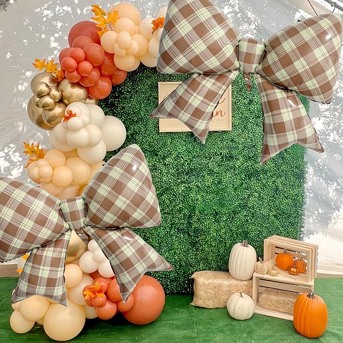 4Pcs Brown Plaid Bow Balloons 38"/Rustic Gingham Bowknot Foil Balloons for Coffee Baby Shower Decorations, Vintage Birthday,Maillard Style Birthday,Fall Party, Cozy Country Party Decorations
