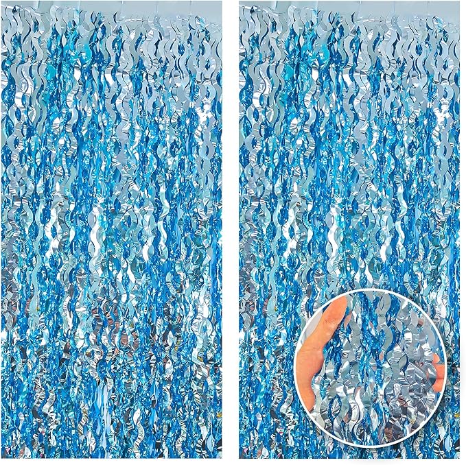 ADLKGG 6 Pack Blue Wavy Foil Fringe Curtain, Streamers Water Beach Backdrop for Ocean Backdrop | Under The Sea Party Decorations | Summer Pool Party Decorations, 3.3x6.6 Feet