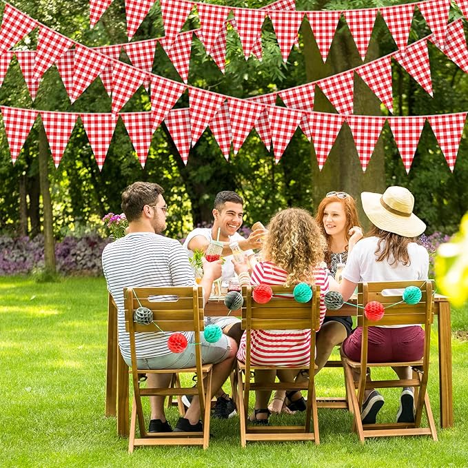 Boao 10 Strips Red and White Checkered Banner 98 ft Gingham Pennant Banner Flag Paper Pennant for BBQ Picnic Carnival Theme Birthday Wedding Pizza Festivals Party Decorations Outdoor Home Decor