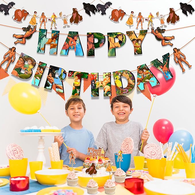 "Tarzn Theme Birthday Party Supplies – Jungle Safari Adventure Decorations – Includes Happy Birthday Banner, Cake Topper, Cupcake Toppers, Garland, and Jungle Party Table Décor for Celebrations"