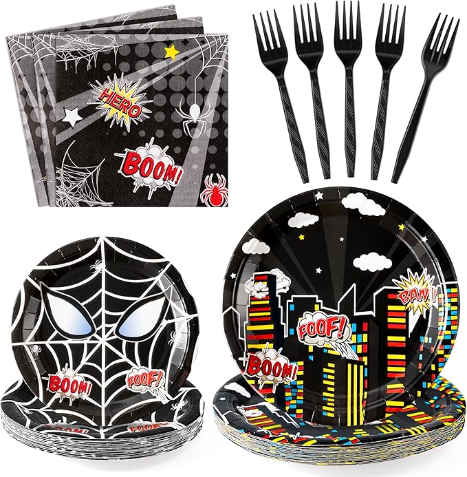 Black Spider Birthday Party Supplies - 96PCS Black Spider Birthday Party Plates and Napkins Forks Disposable Tableware Birthday Parties Table Dinnerware Baby Shower Plates Serve 24 Guests