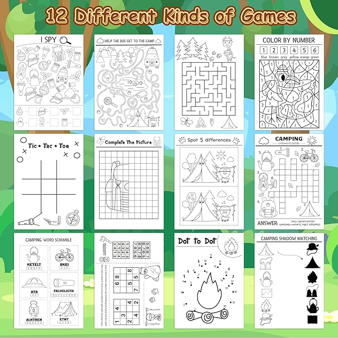 24Pcs Travel Camping Activity Books - Happy Camper Mini Fun Games Coloring Book Bulk Party Favors Goodie Bags Stuffers for Birthday Classroom School Students Rewards Supplies