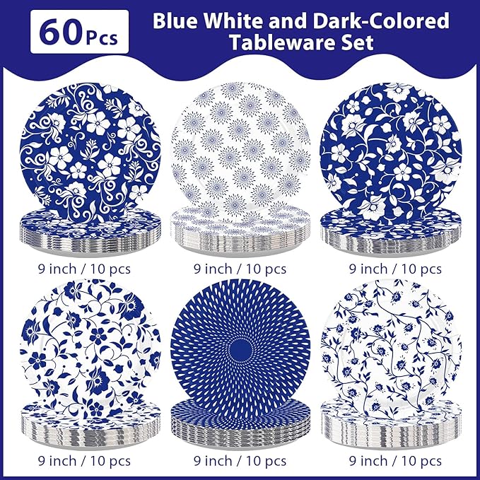 60Pcs Blue and White Floral Party Paper Plates 9 Inch Disposable Heavy Duty Blue White Vintage Flowers Dessert Plates Chinoiserie Porcelain Decorations for Wedding Spring Birthday Party Supplies