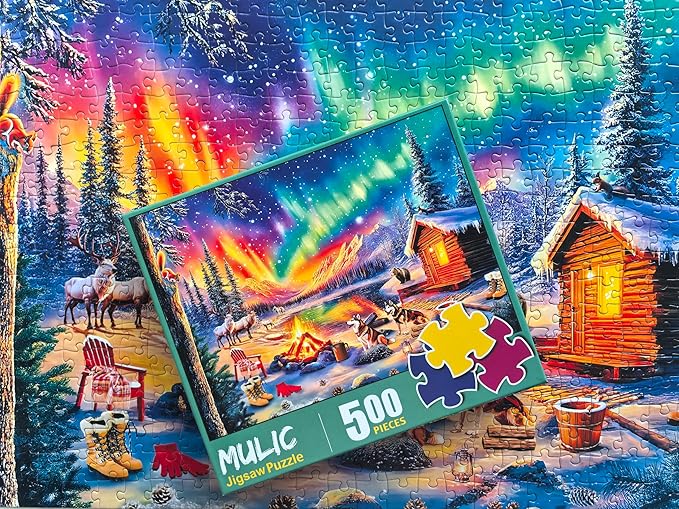 500 Piece Puzzles for Adults - Jigsaw Puzzles - Campfire Under The Northern Lights - Winter Puzzles