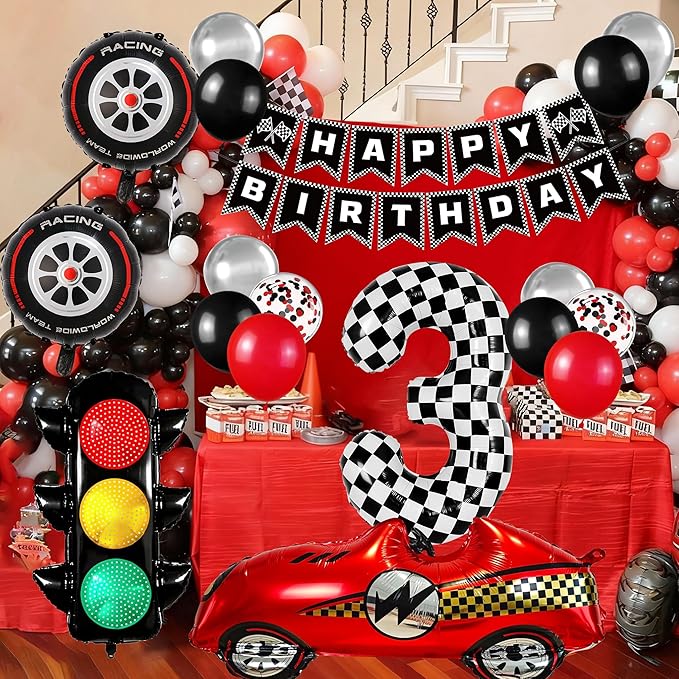 Race Car Birthday Party Decorations, with 40 Inch Number 3 Balloon, Happy Birthday Banner, Traffic Light and Foil Tire Balloon for 3rd Car Themed Birthday Party Supplies