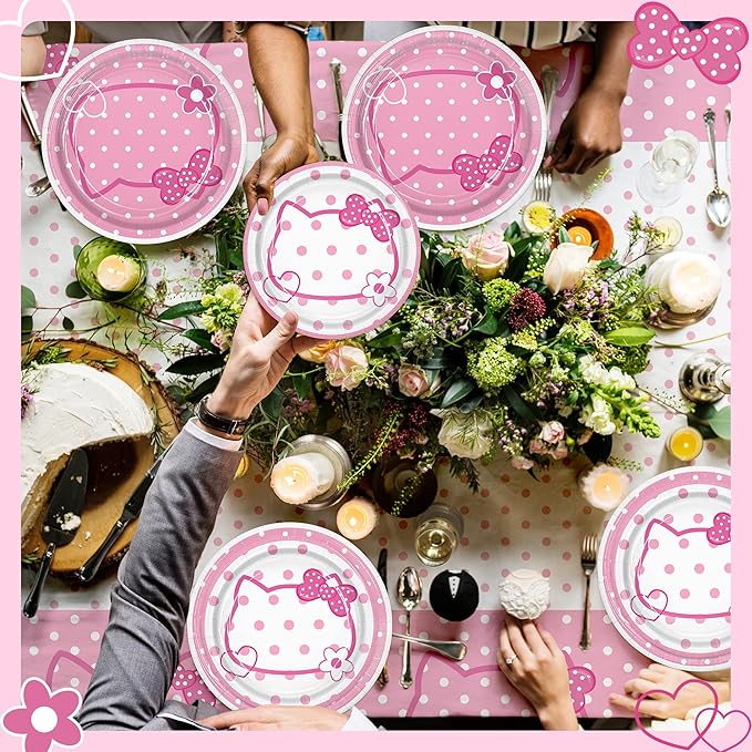 3CT Pink Bow Kittens Party Supplies Tablecover, Cute Kitten Dot Tablecloth, Rectangle Disposable 54×108in White Pink Stainproof Party Decor for Girls’Birthday, Baby Shower, Wedding, Bachelor