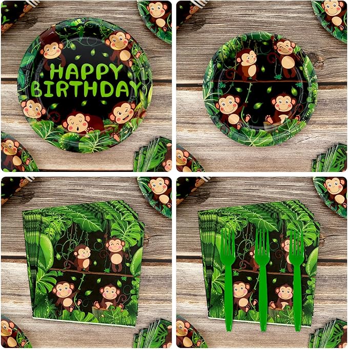 Monkey Party Supplies - Monkey Party Tableware - Dinner Plates, Dessert Plates, Napkins, Forks for Wild Jungle Animal Monkey Theme Birthday Supplies, Serves 25