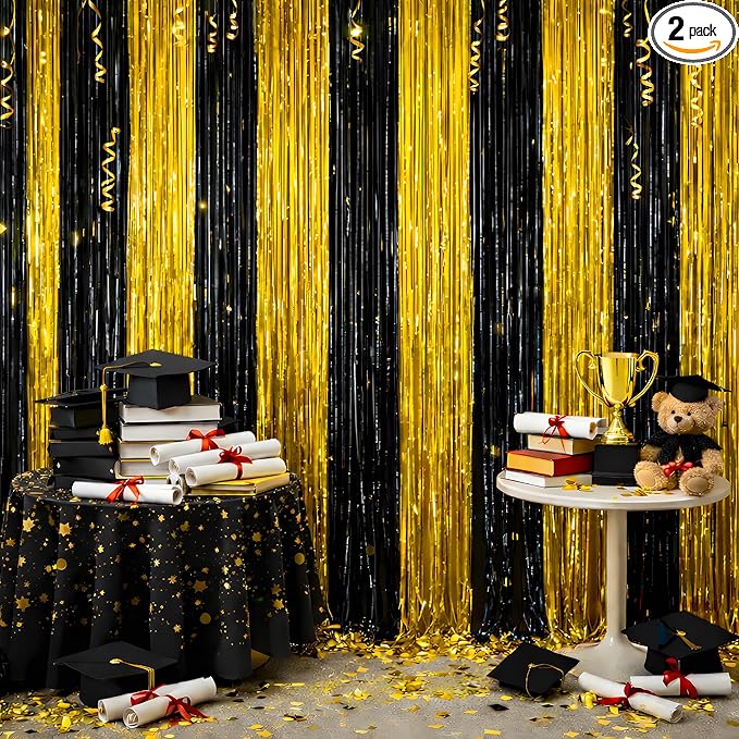 Graduation Decorations 2026 - Black Gold Streamers Backdrop Banner | Graduation Party Decorations Indoor Outdoor Outside - Class of 2026 Graduation Party Photo Booth Favors Supplies for Home Wall Door