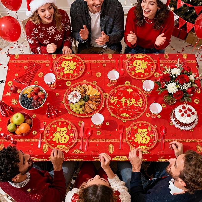 170Pcs Chinese New Year Party Supplies Spring Festival Plates and Napkins Cups, Forks, Tablecloth Red Gold Festival Tableware Set for Lunar New Year 2026 Party Decoration Serves 24