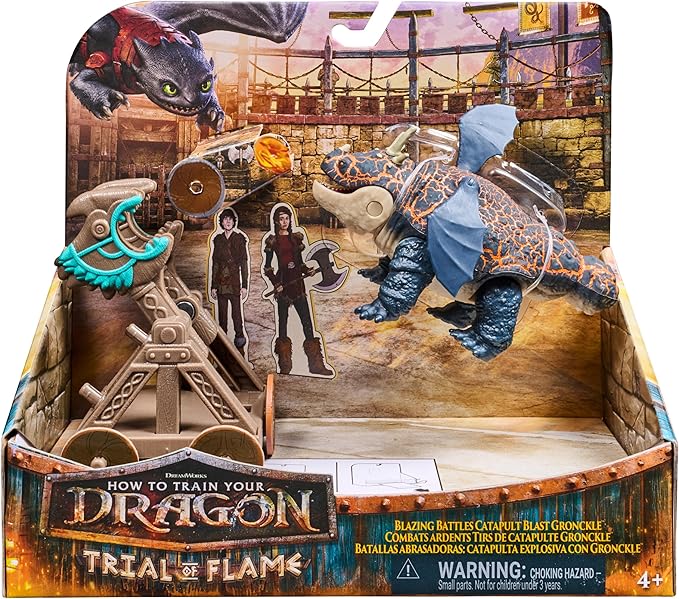 DreamWorks Dragons, Trial of Flame, Blazing Battles Catapult Blast Gronckle Playset, Dragon Figure Playset with 3 Cardboard Viking Figures for Ages 4 and up