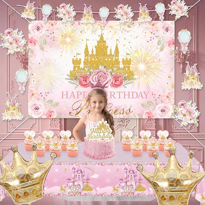 Happy Birthday Decorations For Women Men,Birthday Backdrop,Banner Balloons,Table Cloth,Paper pom poms Party Supplies for Girls Boys (Princess)