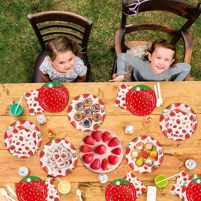 OuMuaMua Strawberry Birthday Decorations, 150 Pcs Disposable Fruit Paper Plates and Napkins Tableware Set for Summer Sweet One 1st Baby Shower Berry First Strawberry Themed Party Supplies, Serves 50