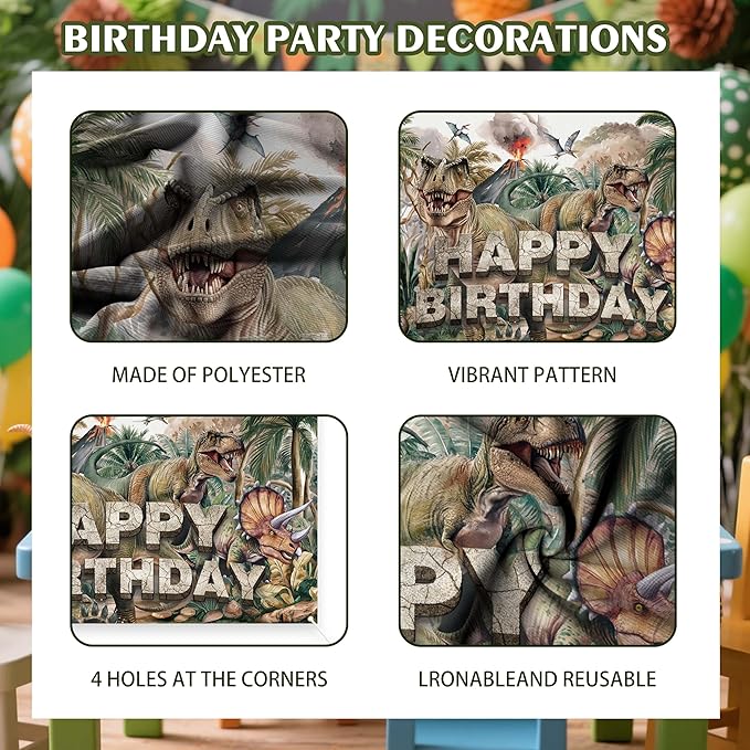 Happy Birthday Decorations For Women Men,Birthday Backdrop,Banner Balloons,Table Cloth,Paper pom poms Party Supplies for Girls Boys (Dinosaur)