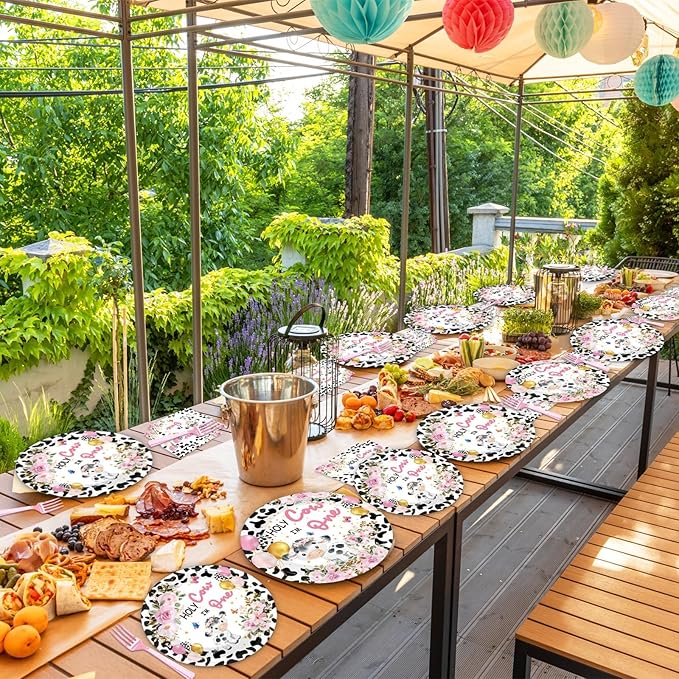gisgfim 96Pcs Holy Cow I'm One Party Supplies Pink Cow Print Paper Plates Napkins Floral Cows First Birthday Party Tableware Set Dinnerware for Girl 1st Birthday Table Dinner Decoration Serve 24