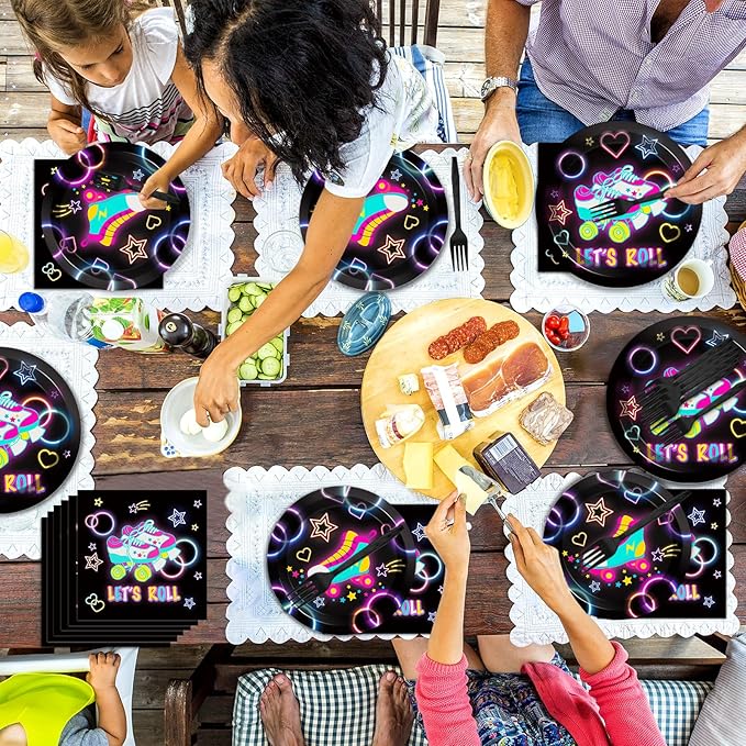 50 Guests Roller Skating Plates and Napkins Party Supplies Retro Roller Skate Party Decorations Disposable Tableware Set Let's Roll Dinnerware Favor for Boys Girls Teens Birthday, 200PCS