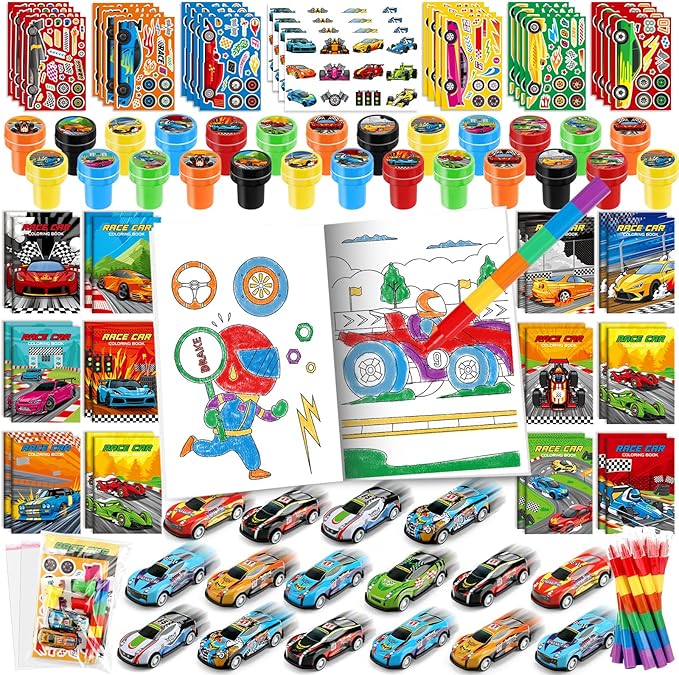 BenLouis 84Pcs Race Car Party Favors Racing Theme Coloring Books Crayons Sticker Set Bulk for Kids Fast Racecar Wheels Birthday Goodie Bag Stuffer Classroom Gifts Rewards Craft Pinata Fillers