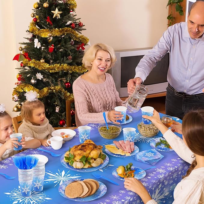 durony 145 Pieces Frozen Birthday Party Supplies Disposable Tableware Winter Snowflake Paper Plates Napkins Cups Forks Tablecloth for Christmas Winter Wonderland Frozen Party Decorations
