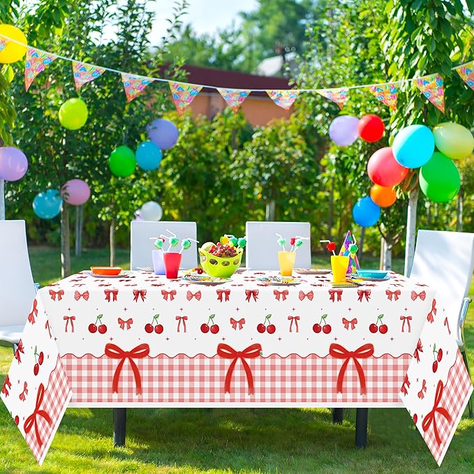 3Pcs Bow Party Tablecloths - Red Cherry Party Table Covers Decorations Bow Themed Rectangular Plastic Disposable Table Cloth Decor for Girls Women Kids Birthday Baby Shower Supplies