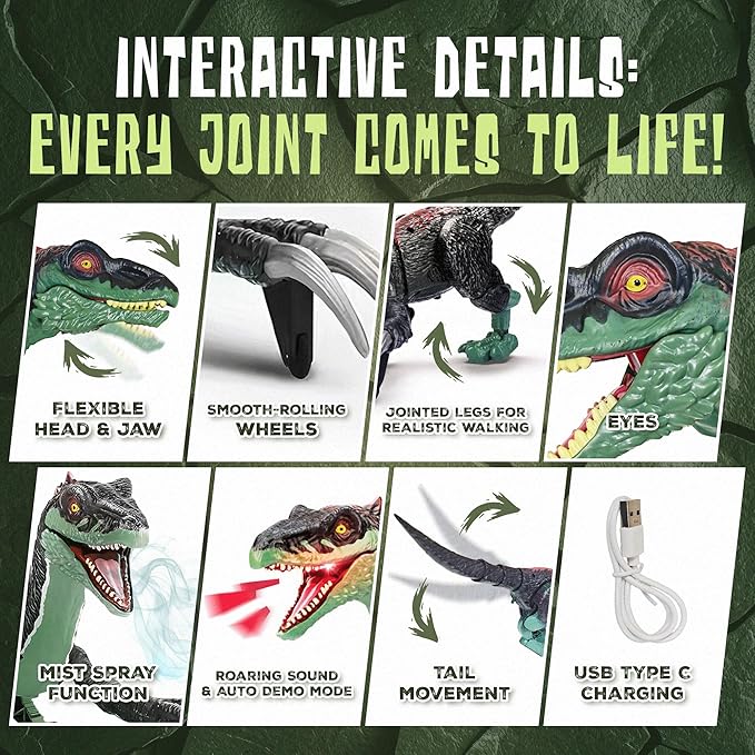 Remote Control Dinosaur Toy for Kids - RC Dinosaur - Walking Velociraptor Toy with Mist Spray, Lights & Roar - Birthday Gift Ideas for Boys and Girls 3-5 5-7 8-12 Year Old