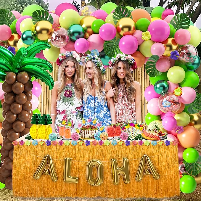Hawaiian Luau Party Decoration Tropical Aloha Luau Balloons Arch Garland Kit Summer Beach Pool Party Supplies with Coconut Tree Shaped Balloon Set Table Skirt Cake Topper Palm Leaves and Hibiscus