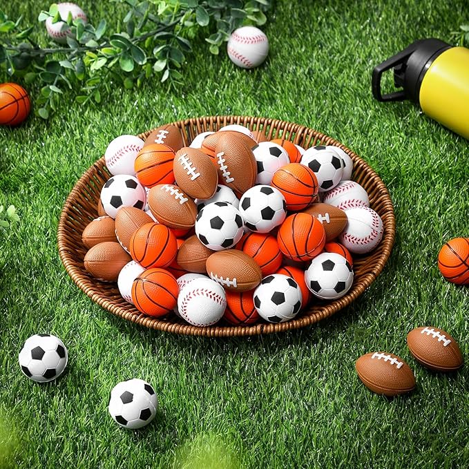 Blulu 48 Pack Small Sports Stress Balls for Kids Mini Footballs Baseball Soccer Basketball Sports Party Favor Gifts Small Foam Squeeze Anxious Toy for Classroom Reward Sport Party Supplies(2.5 Inch)