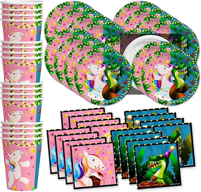 Unicorns & Dinos Joint Birthday Party Supplies Set Plates Napkins Cups Tableware Kit for 16