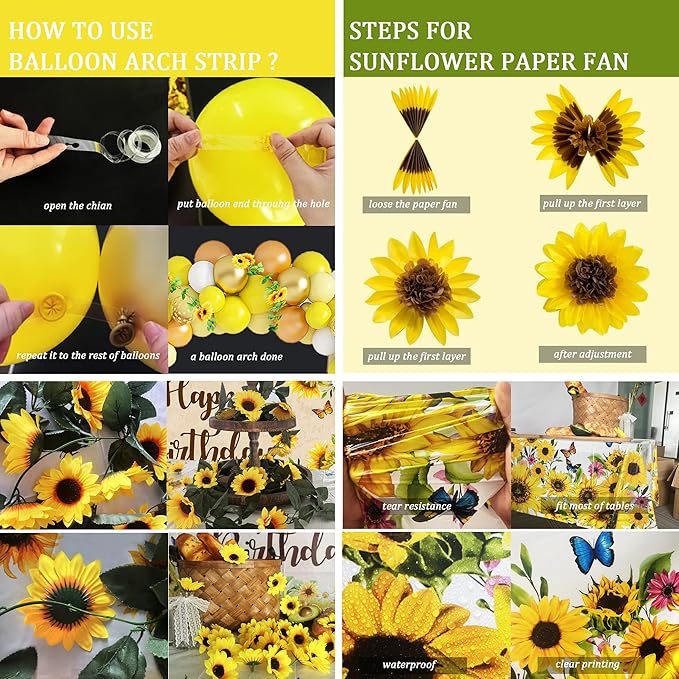 Sunflower Birthday Party Decoration Pack 111 Pcs Baby Shower Party Supplies Wedding Decor include Backdrop Tablecloth Artificial Sunflower Garland Cake Topper Balloon Garland Arch Tissue Paper Flower