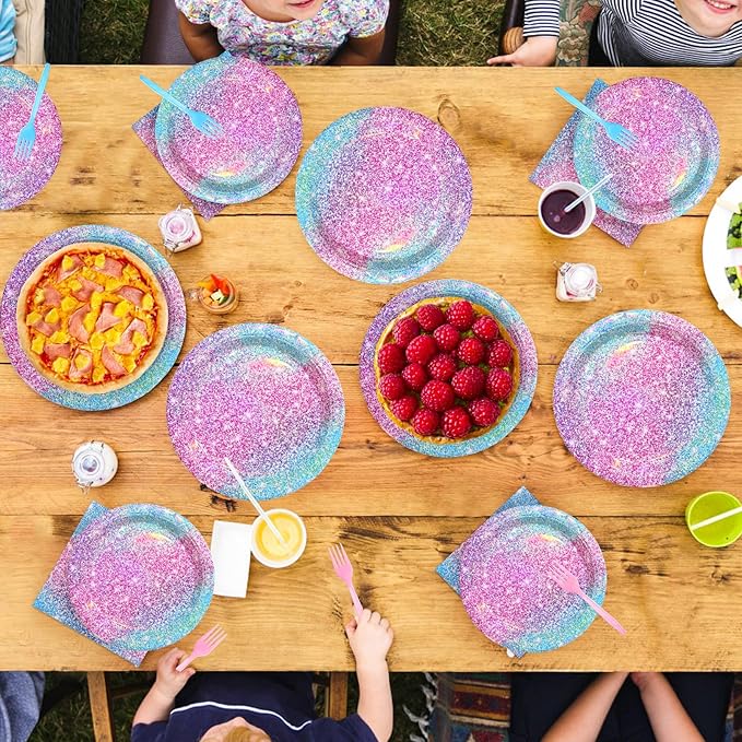 96Pcs Pastel Rainbow Party Decorations Iridescent Party Supplies 350GSM Holographic Print Rainbow Plates and Napkins Set for Baby Mermaid Birthday party Bachelorette Bridal Shower Wedding Serves 24