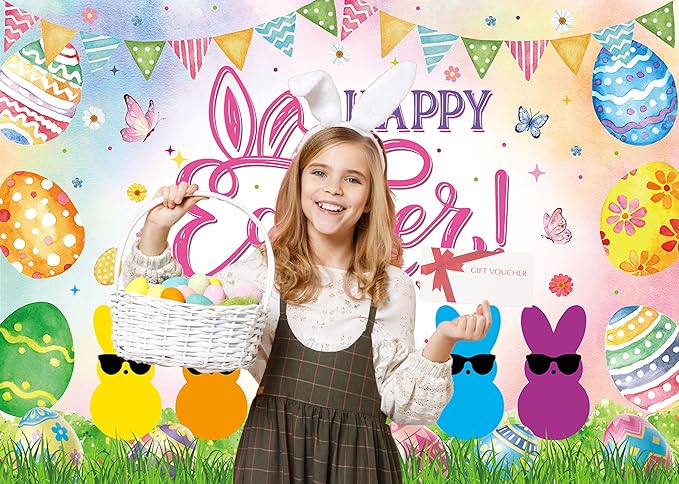 Happy Easter Banner Backdrop 6x4FT Spring Colorful Eggs Bunny Peeps Photography Background Easter Peeps Party Decorations Supplies Photo Props